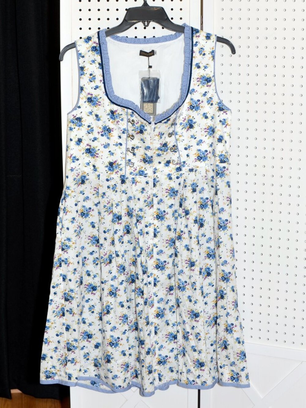 Plus Size XXL GloryStar Blue Floral White Dirndl Style Dress Gingham Trim